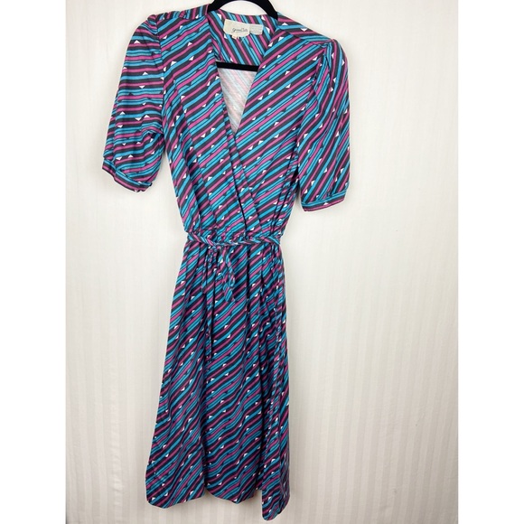 Vintage Belted 80s 90s Retro Wrap Dress M 10 - Picture 1 of 7
